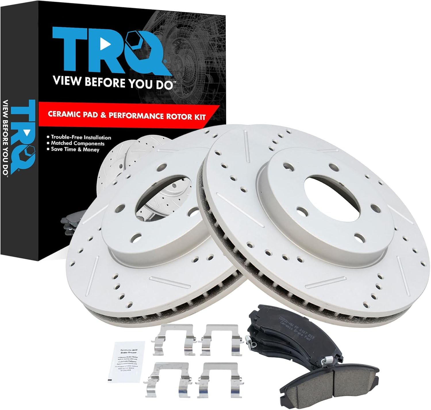 TRQ Front Brake Pad and Rotor Set Ceramic Drilled Slotted Coated Compatible with 2000 Mitsubishi Galant Performance Ceramic BKA48325