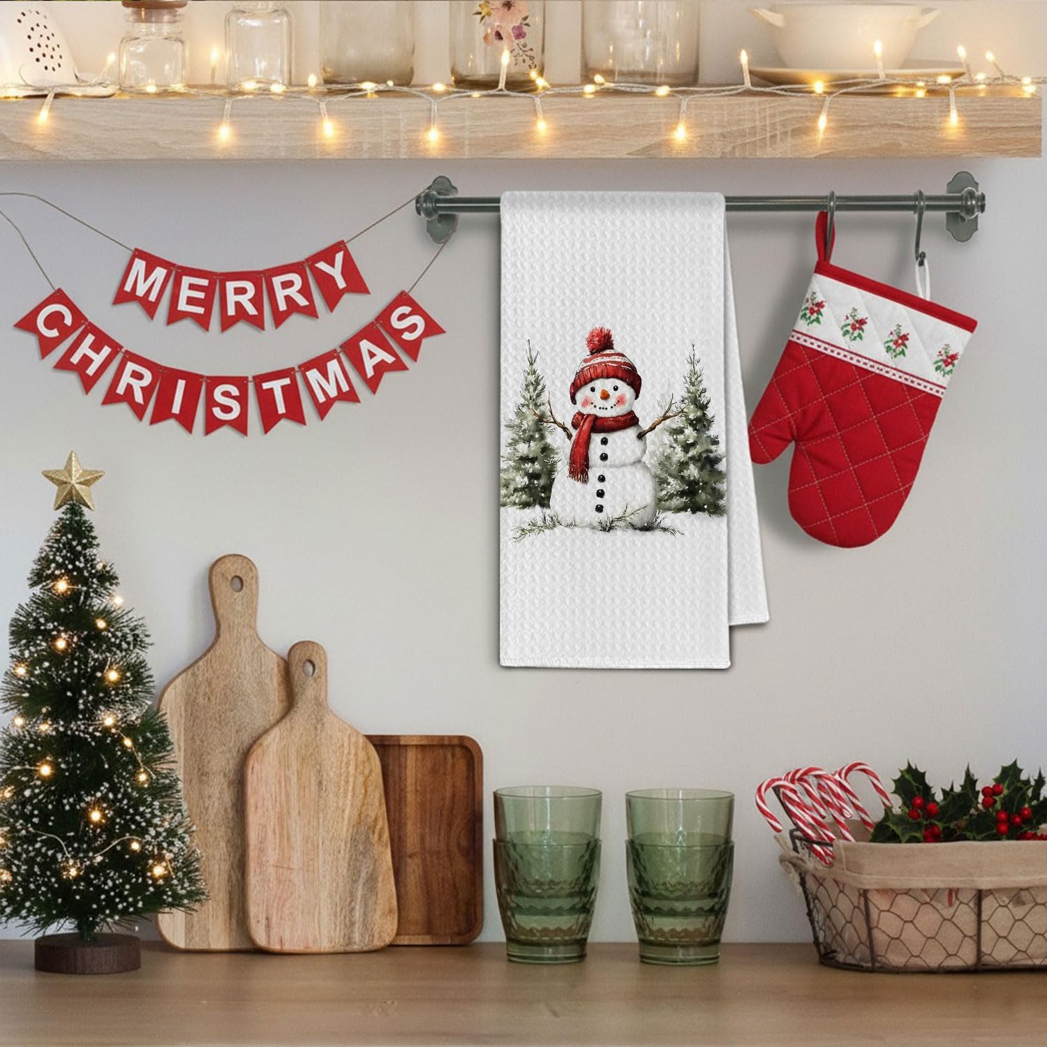 Winter Christmas Tree Snowman Kitchen Towels, Farmhouse Christmas Dish Towels Drying Cloth for Kitchen, Holiday Snowman Xmas Tree Decorative Hand Towel for Bathroom, 16x24 Inch - Image 4