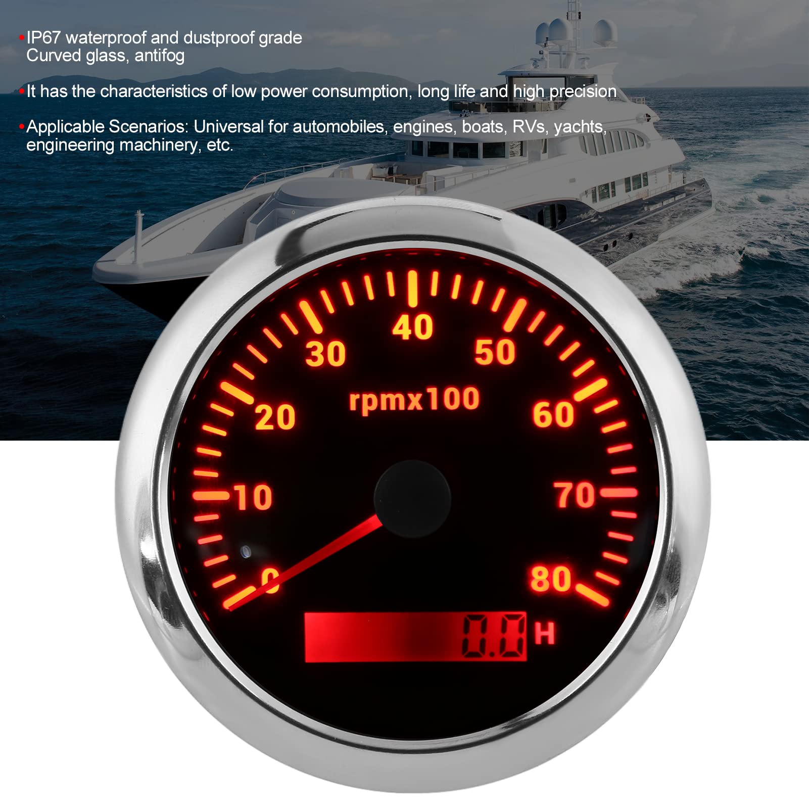 Tacómetro Digital Universal 85 Mm / 3,35 Pulg. Medidor de RPM Marino Fuera de Borda Resistente al Agua (Negro)