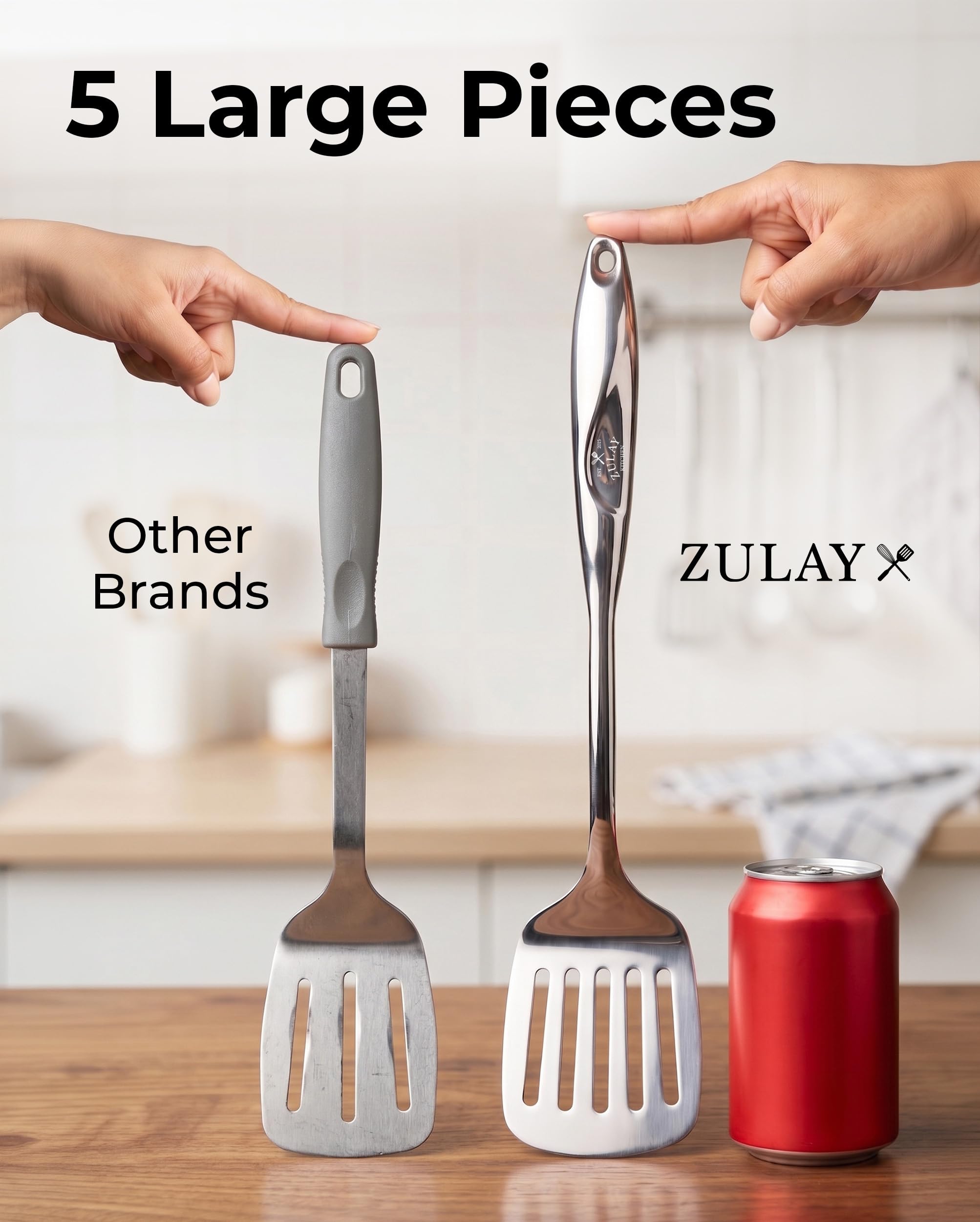 Zulay Kitchen Utensils Set - Premium Cooking Utensils Set - 5 Piece Complete Stainless Steel Utensil Sets - Comfortable Grip Stainless Steel Utensils Set - Kitchen Utensils Set Stainless Steel | Küchenhelfer aus Edelstahl – langlebige Küchenhelfer – Metal