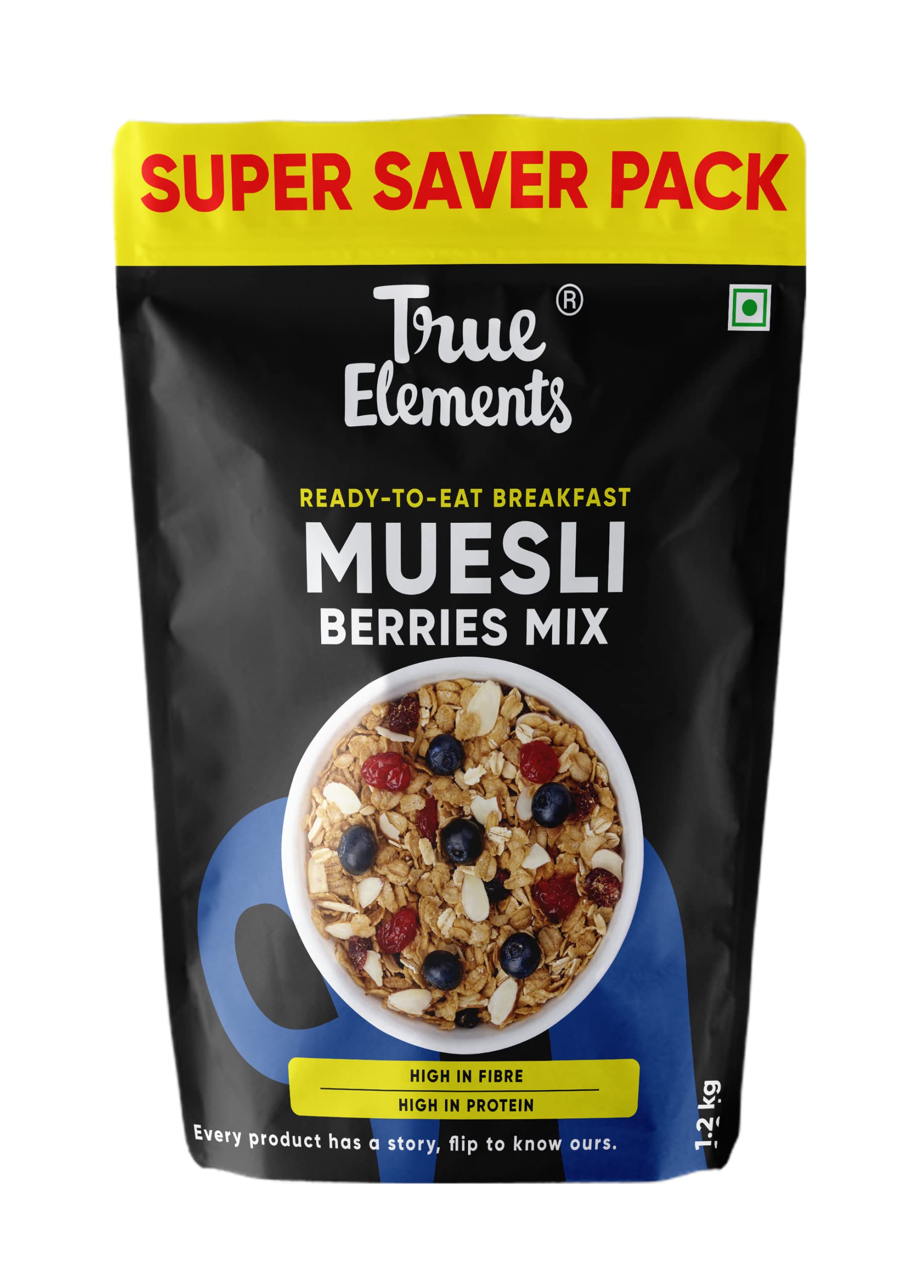 Berries Mix Muesli 1.2kg by True Elements - Muesli with goodness of Cranberry and Blueberry | Muesli with Oats, Flakes and Nuts | Super Saver Pack | Healthy breakfast Cereal | 100% Wholegrain