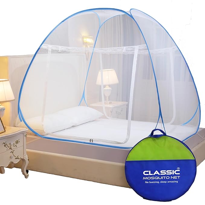 Classic Mosquito Net for Double Bed | King Size Foldable Machardani | Polyester 30GSM Strong Net | PVC Coated Corrosion Resistant Steel Wire - Blue