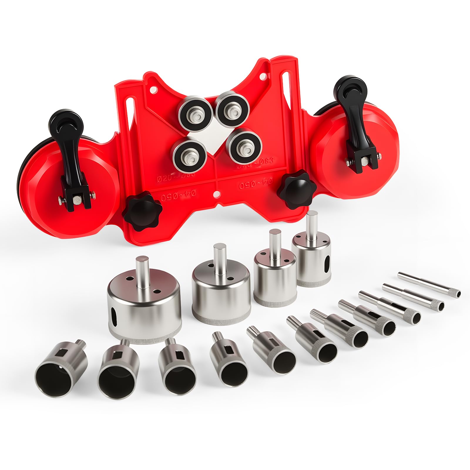 M.J COMFY-LIFE 16pcs Diamond Hole Saw Kit, Double Suction Cups Guide Jig for Hollow Drilling, Compatible with 4mm-83mm Drills, Ideal for Ceramic, Glass, Tile, Porcelain, Granite, Red