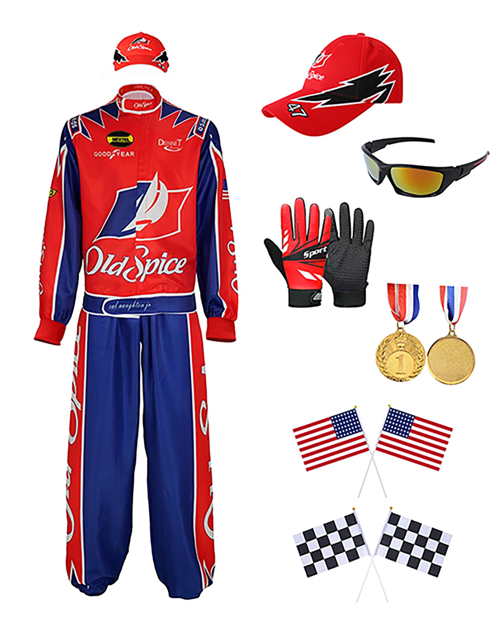 7PCS Characters Costumes in Talladega Nights Racing Jacket Outfits with Accessories Set Race Car Costume for Halloween, Red, XXXL