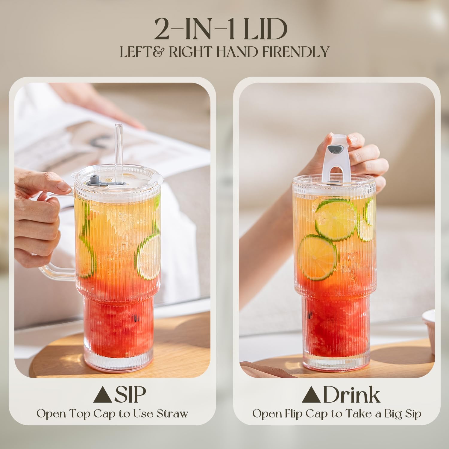 26oz Ribbed Glass Tumbler with Handle & Lid, 2-Pack Clear large Iced Coffee Cups with Straws, Spill proof Glass Mug for Cold & Hot Beverages, Aesthetic Travel Cup for Smoothies, Tea, and Juice - Image 8