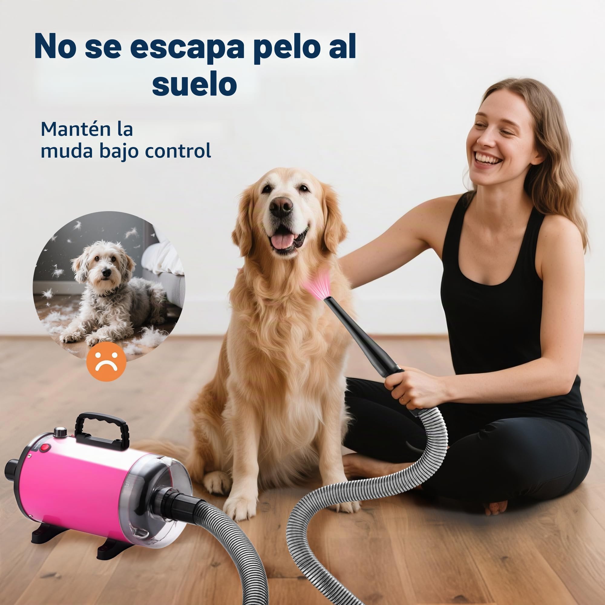 DEWINNER 3200W Secador Pelo Perro Profesional| Secador y Aspirador para Mascotas| Flujo de aire y Temperatura Ajustables |5 Boquillas| 1 Manguera Elástica| 1 Cepillo de Cuidado| Rosa
