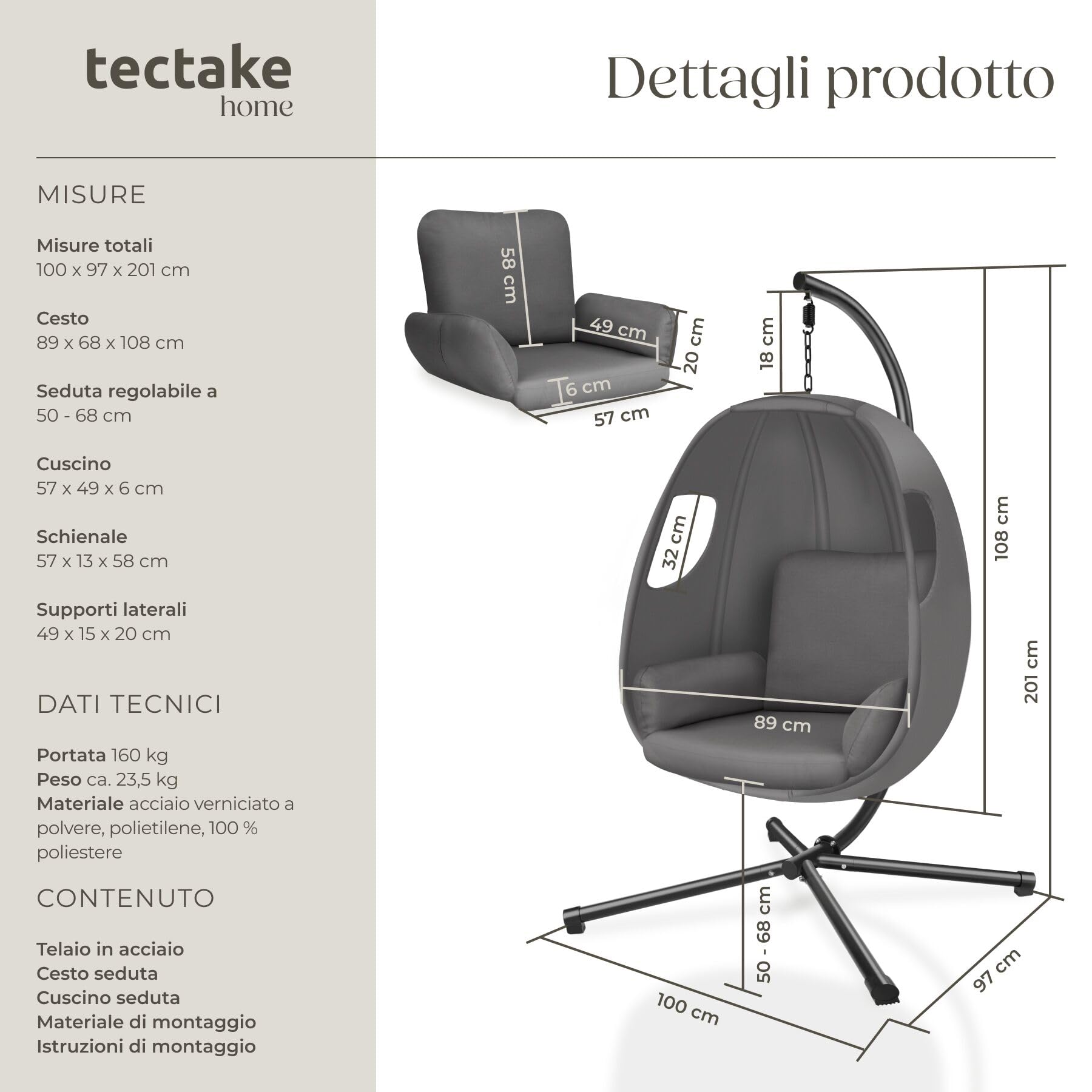 tectake® Poltrona Sospesa con Cuscino Spesso, Sedia Sospesa da Giardino Soggiorno e Terrazza, Schienale e Braccioli Imbottiti, Resistente alle Intemperie, Cover Protettiva, MAX 160 kg - Antracite