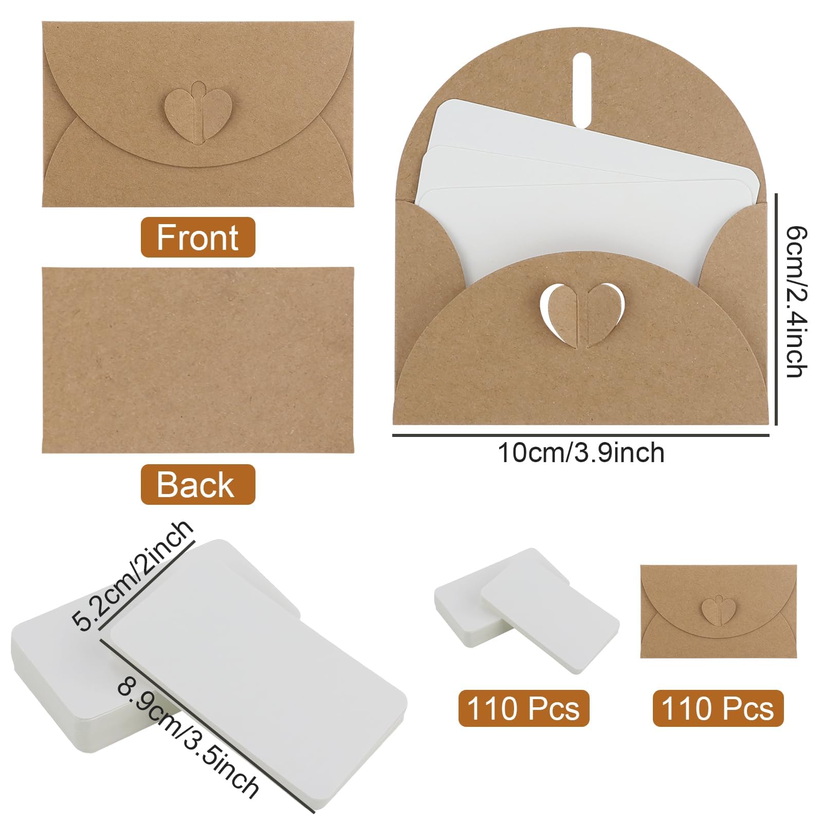 110 Kraft Paper Small Envelopes with 110 Blank Cards, Mini Envelope with Heart Closure for Gift Cards DIY-Graffiti, Mini Gift - Image 2