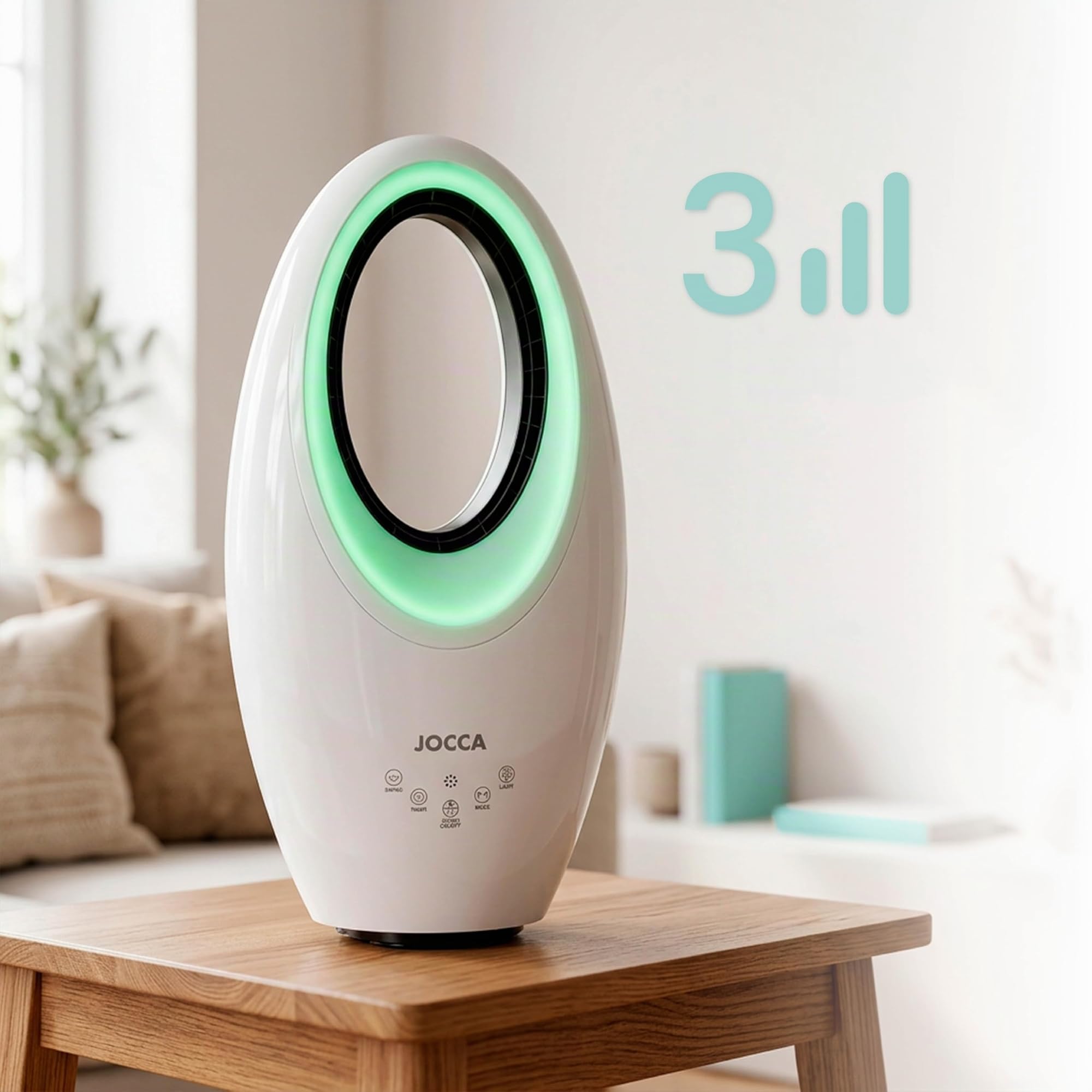 Jocca - Ventilateur Sans Pales avec Télécommande | Ventilateur Puissant et Silencieux | Lumière Nuit LED | 3 Vitesses | Commande Tactile | Minuterie | Blanc | 29,2x17,1x57,2cm