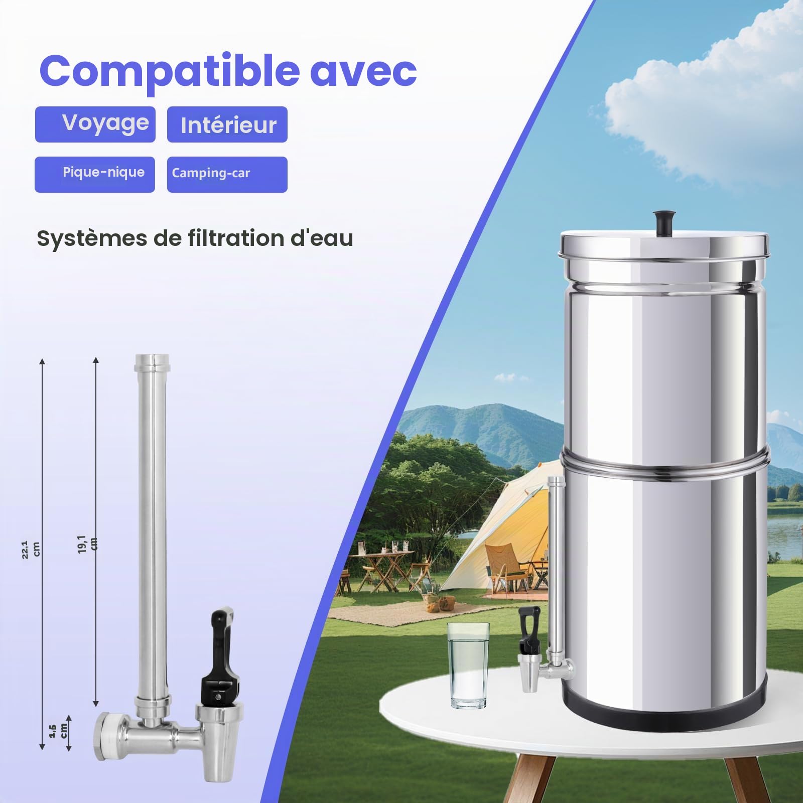 Robinet en verre de visée SUS304 en acier inoxydable de 17,8 cm compatible avec le filtre à eau par gravité Berkey de 3,8 l, et d'autres réservoirs de filtre Grivity avec boule flottante