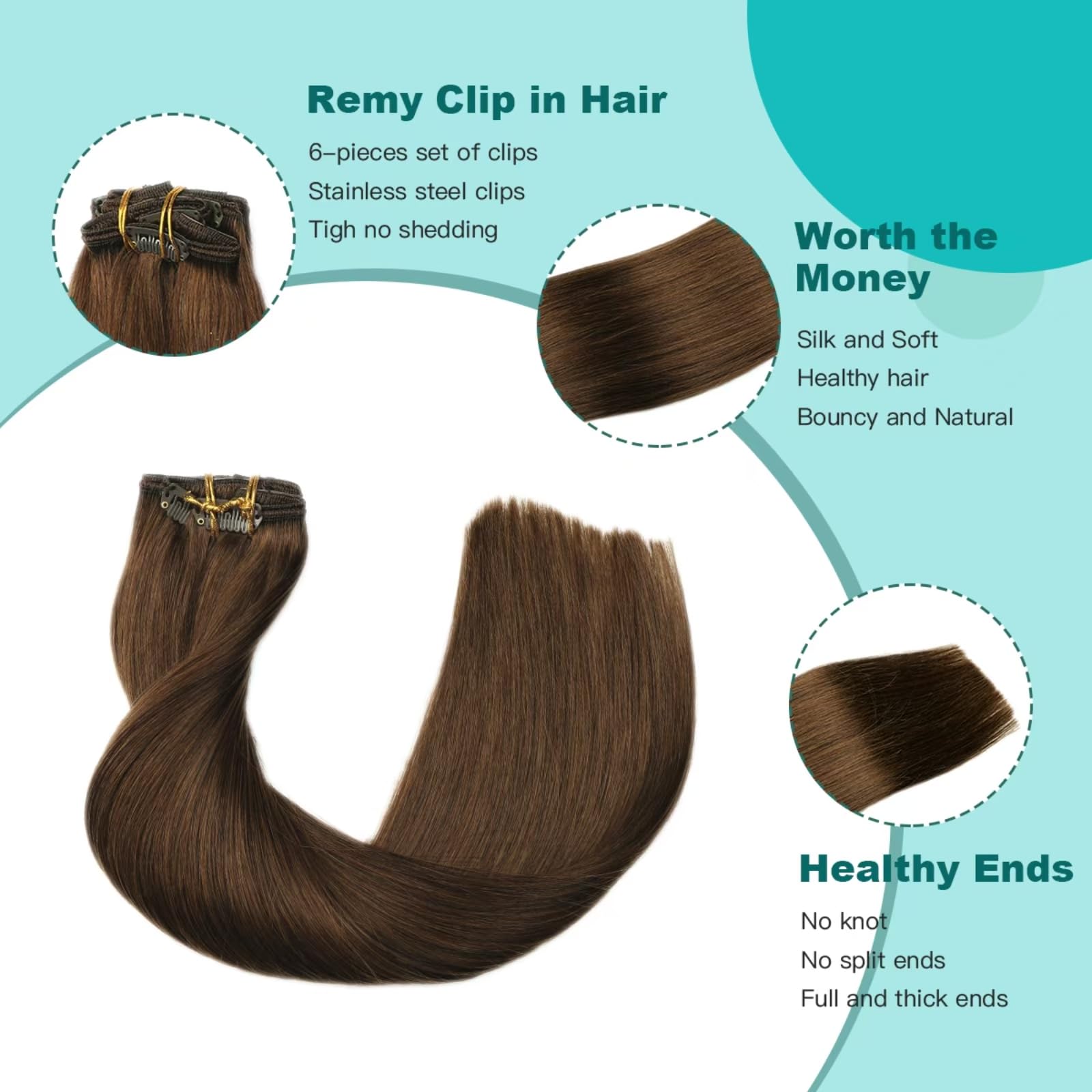 SURNEL Extensiones Clip Pelo Natural 100g 35cm 6 Piezas Castaño Chocolate Extensiones De Clip De Humano Real Extensiones Pelo Natural Remy (C#4-35cm) — view 6