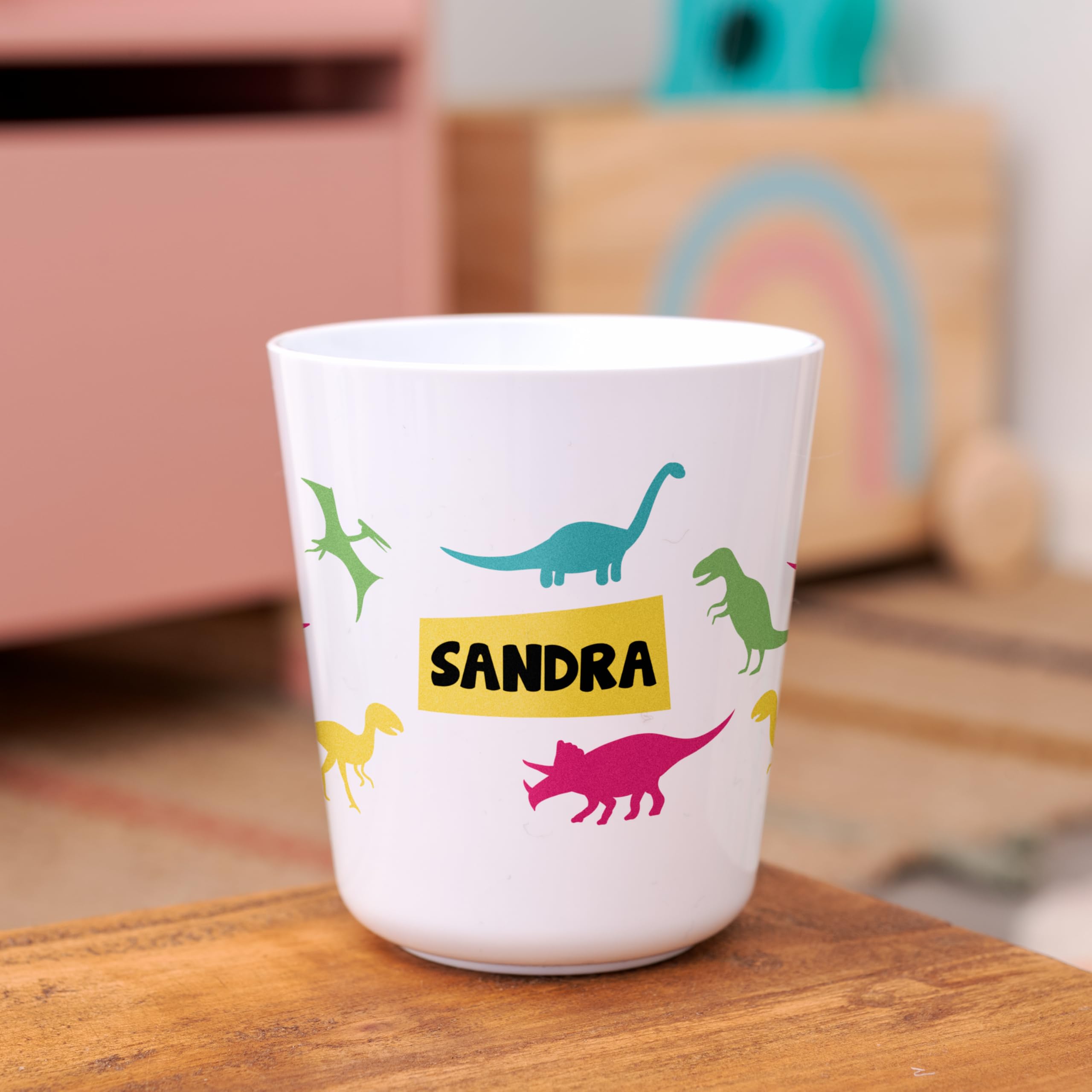 Vaso personalizado para Niños | Vuelta al Cole/Guardería | Vaso Infantil con Nombre | Plástico Irrompible sin BPA | 200 ml (Dinosaurios colores)