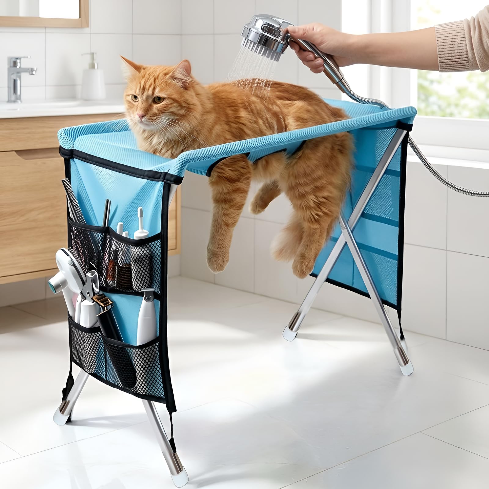 Haustierpflege-Hängematte für Hunde und Katzen, faltbare | Schnell trocknende 4-Beine, verstellbare Löcher, ausbruchsicher, kratzfest, Haustier-Bad-Hängematte, Dusche, für Nägel