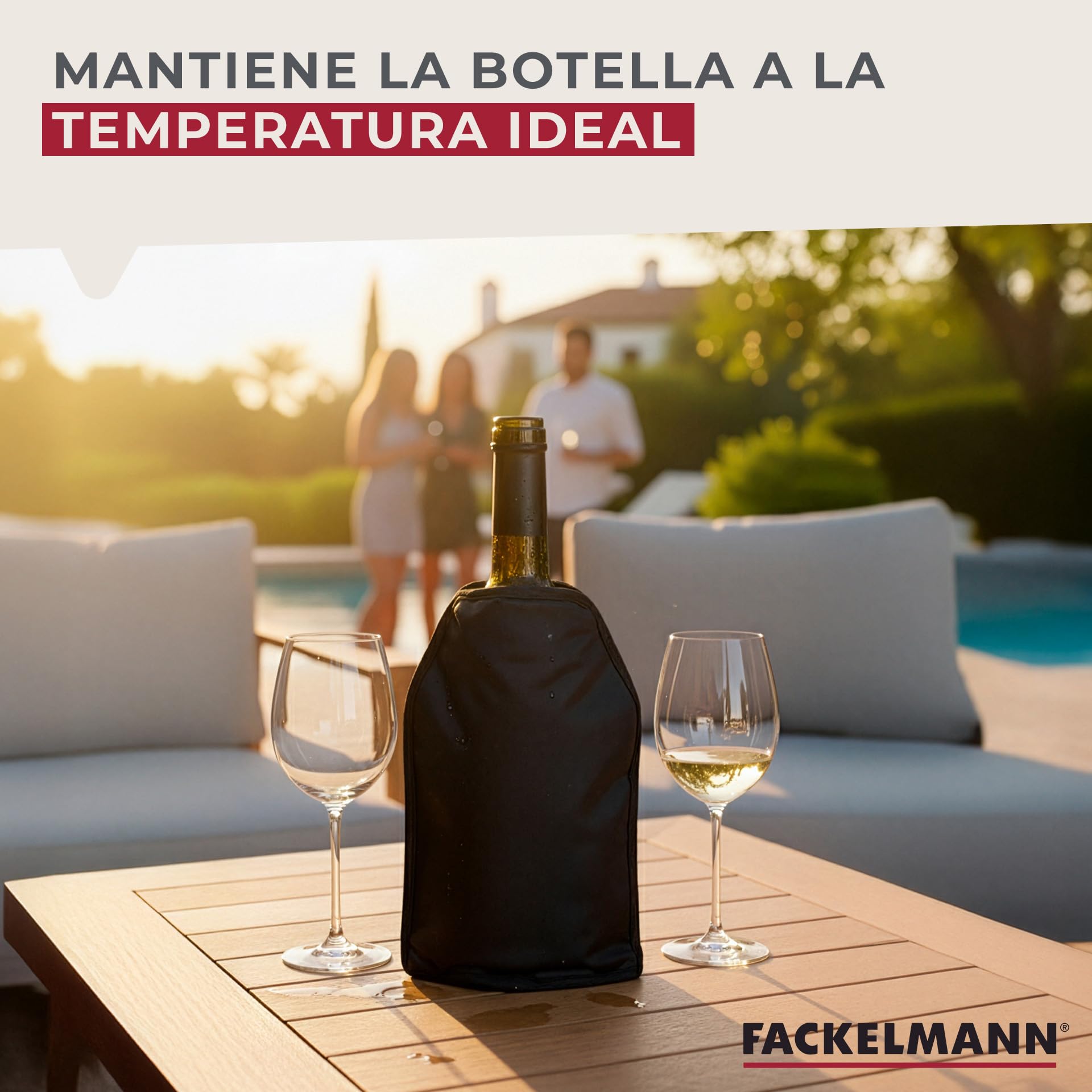 Fackelmann Funda Enfriadora para Botellas, Collar Enfriador para Botellas de Vino y Cava, Nylon Elástico con Ajuste Universal y Relleno de Gel Enfriador, Apta para Congelador, 22x16 cm, Negro, 1 ud.