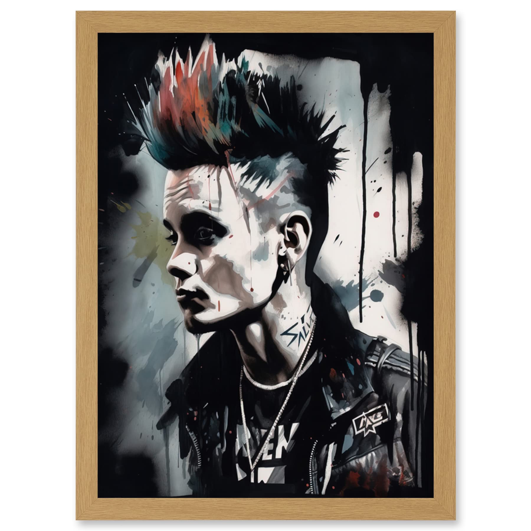 Artery8 Punk Rock Music Fashion Young Man with a Mohawk Modern Watercolour Painting Artwork Framed Wall Art Print A4