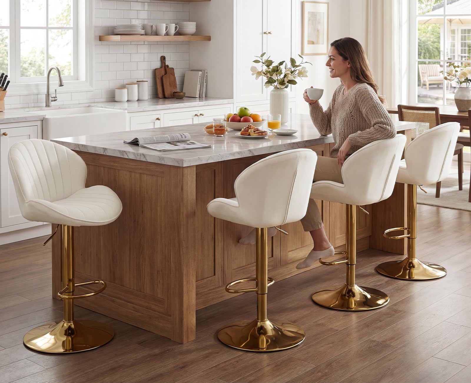 chairus Lot de 2 Tabourets de Bar Pivotants en Velours Hauteur Réglable Tabourets Hauts sans accoudoirs Ergonomique Tabourets de Comptoir (Beige(Velours)-2)