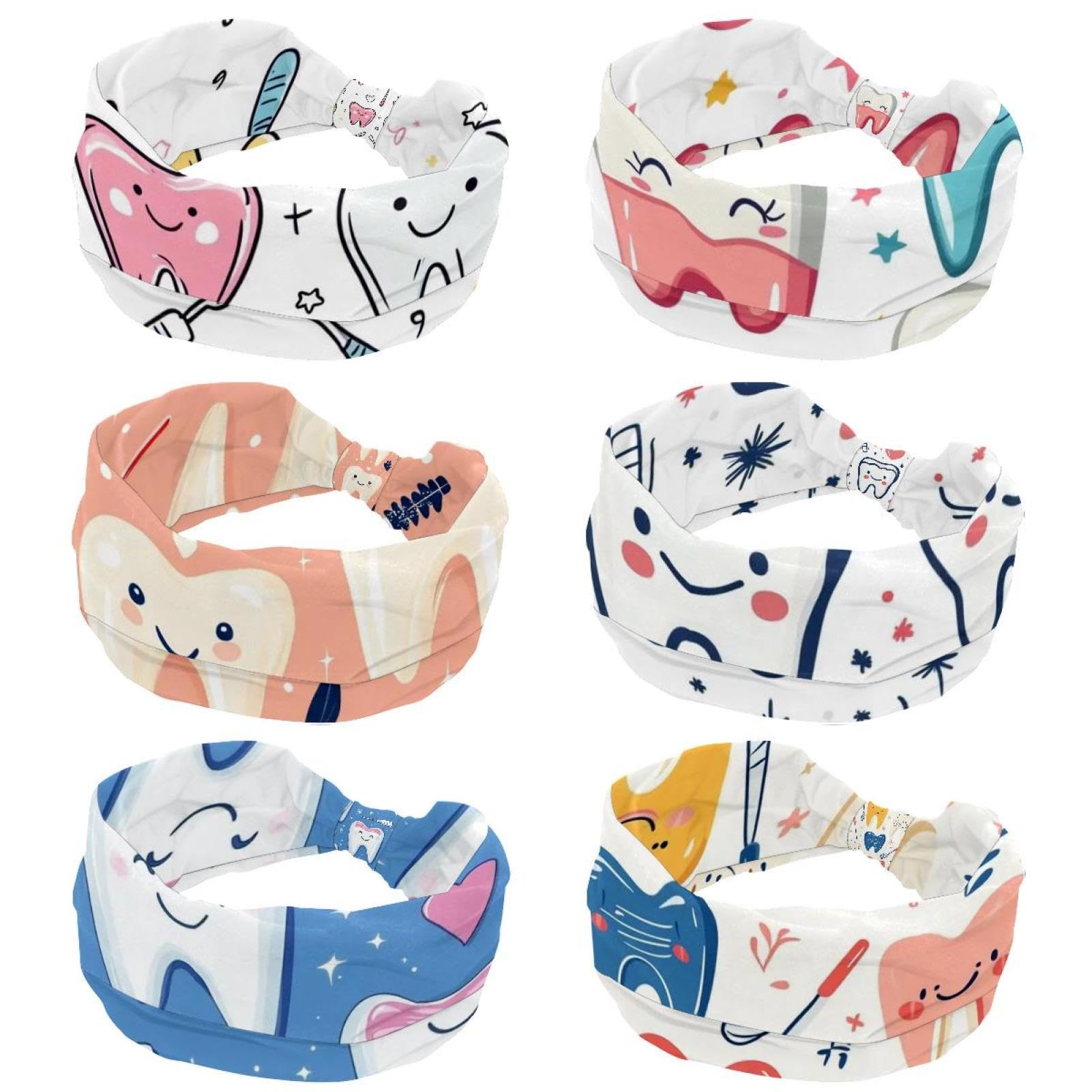 Lot de 6 bandeaux à dents mignonnes pour femme, bandeau de sport tendance, élastique, large, antidérapant, entraînement, yoga, sport