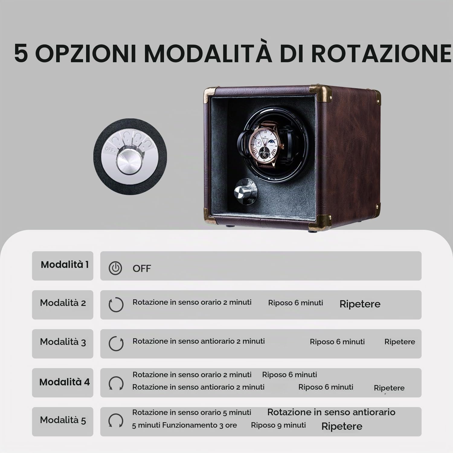 Mcbazel Scatola di Carica Orologi Automatici, Caricatore Automatico per Singolo Orologio Pelle PU, Rotazione Bidirezionale Silenziosa, 5 Modalità con Luce LED,Accessori per Scatola Porta Orologi