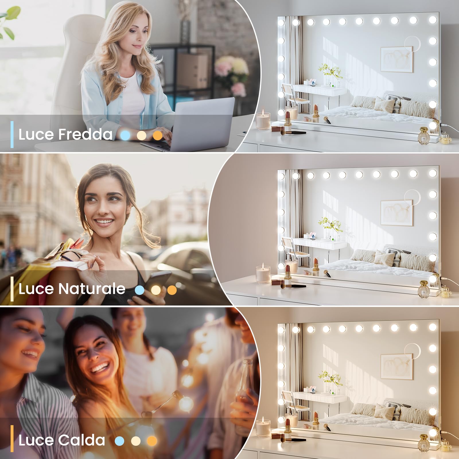 Moziel 90x60cm Specchio da Trucco Hollywood, Specchio Trucco con Luci a 20 Led Montato a Parete o sul Tavolo, 3 Colori di Luce e Funzione di Luminosità Regolabile