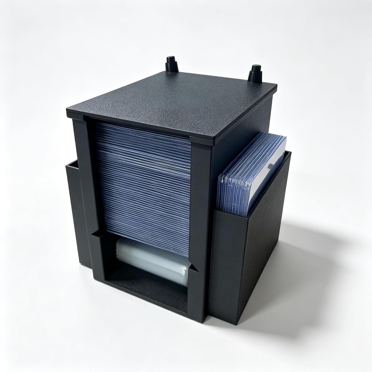 Toploader Dispenser & Penny Sleeve Holder – Dual Compartment Holds 300 Penny Sleeves & up to 50 Top Loaders, Stackable Card Storage Box with Dustproof Lid (Black)