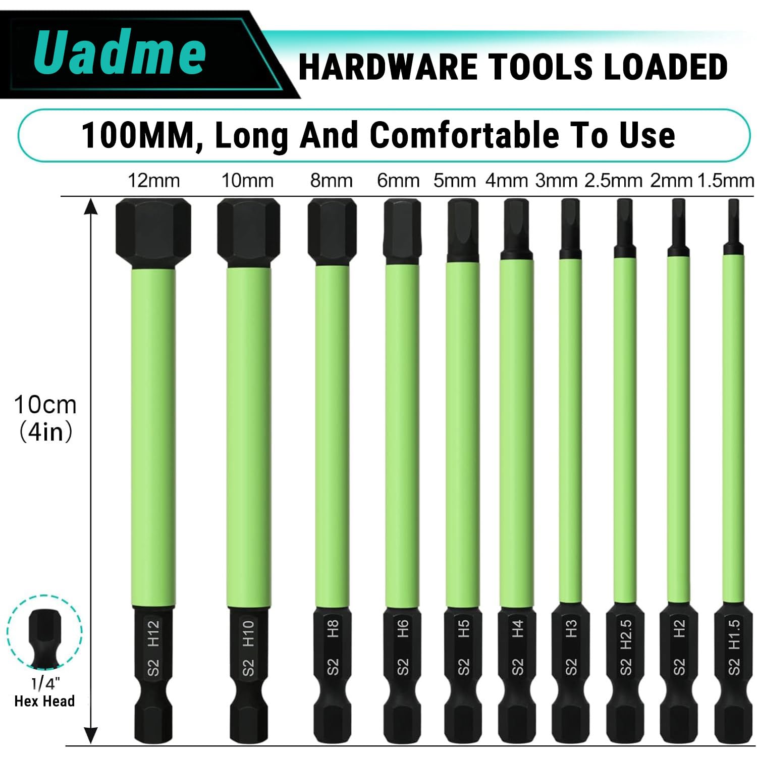 Uadme 10Pcs Allen Key Drill Bit Set H1.5-H12, 100mm Long Magnetic Hex Bit Set including 1/4 Inch Hex Shank S2 - Image 2