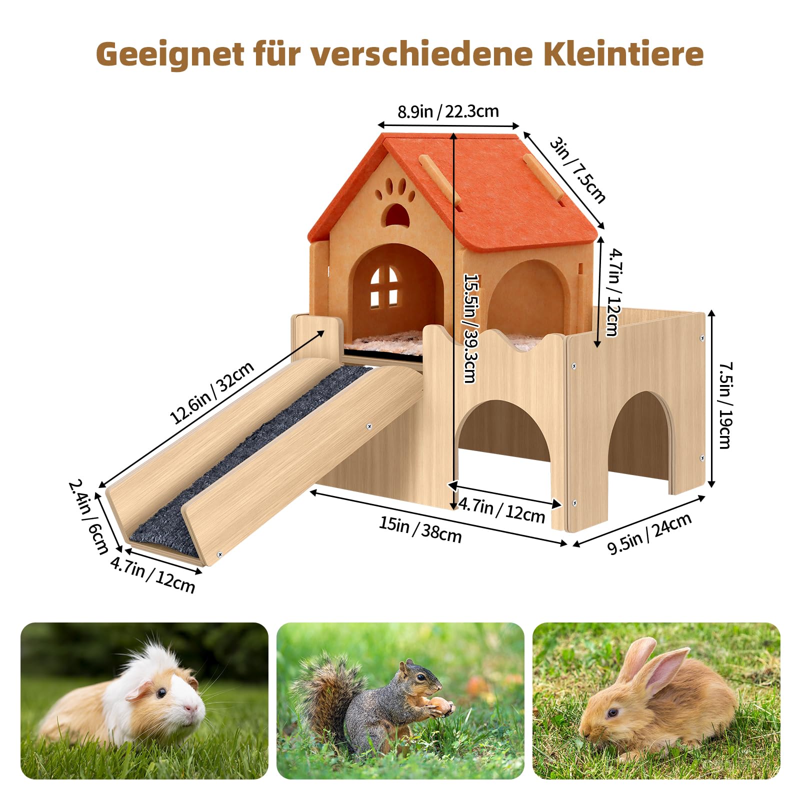 Mittimiya 3-in-1 Meerschweinchen Haus, Hamster Haus aus Holz mit Plattform und Treppe als Versteck, Meerschweinchen Zubehoer Kaninchenhaus für Kleintiere