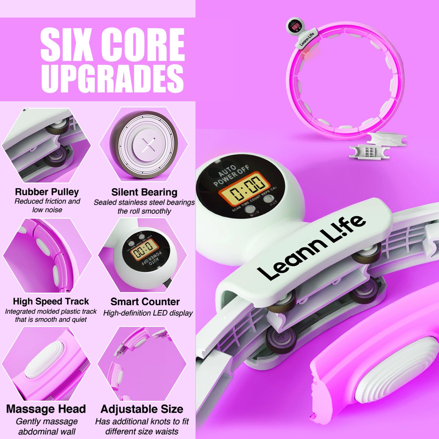 U5 Smart Hula Hoop ponderato con contatore - 16 nodi, 71,1 cm - 116,8 cm regolabile Infinity Hoop Plus Size, ruote gommate silenziose, allenamento addominale, fitness a casa e all'aperto