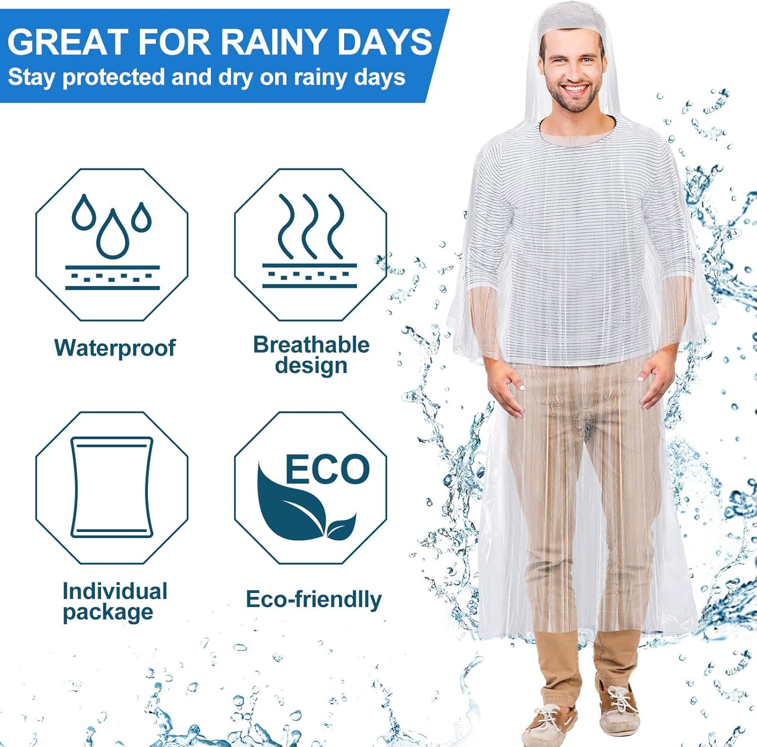 Handepo 200 Pcs Adults Rain Ponchos Bulk Disposable Rain Ponchos with Hood Emergency Disposable Raincoat for Adults Homeless - Image 6