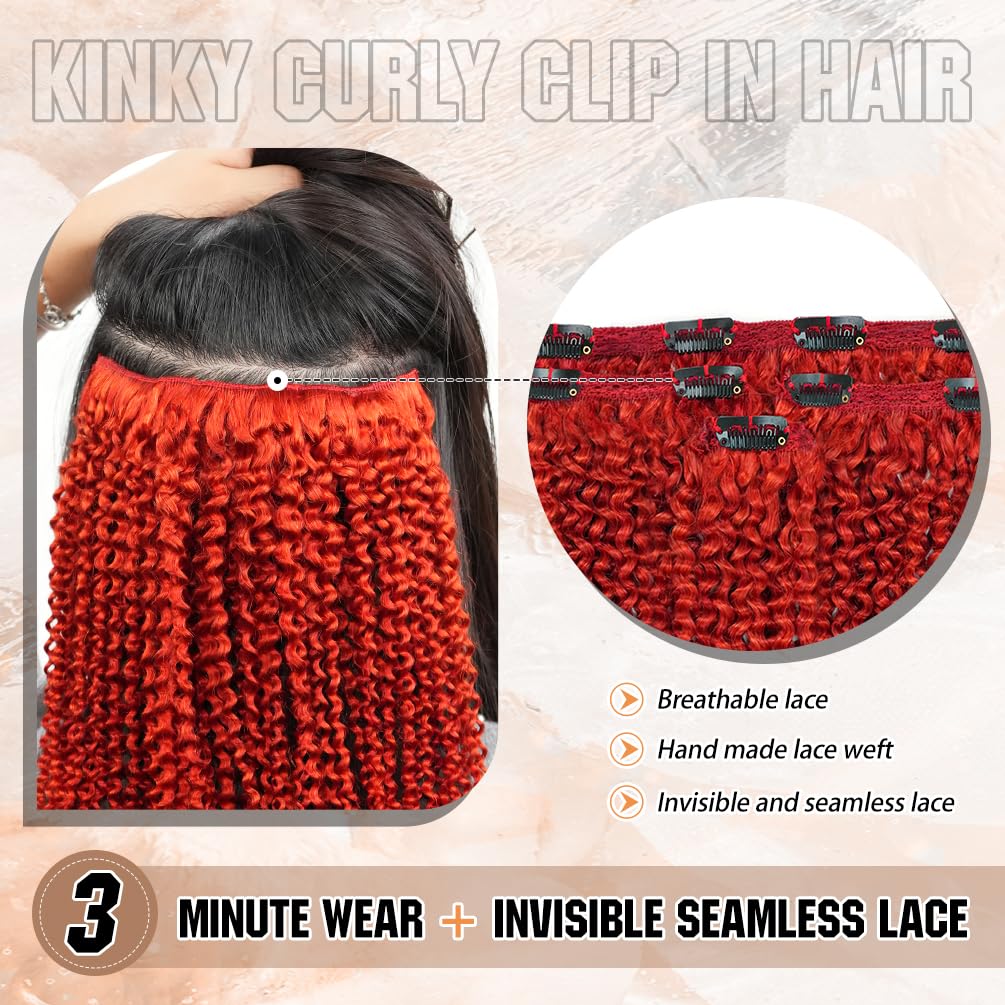 4Pcs Colored Afro Kinky Curly Clip in Hair Extensions Real Human Hair, 10 Inch 50g Red, Lace Invisible Seamless & Thicken, 4B 4C Remy Clip Ins for Women