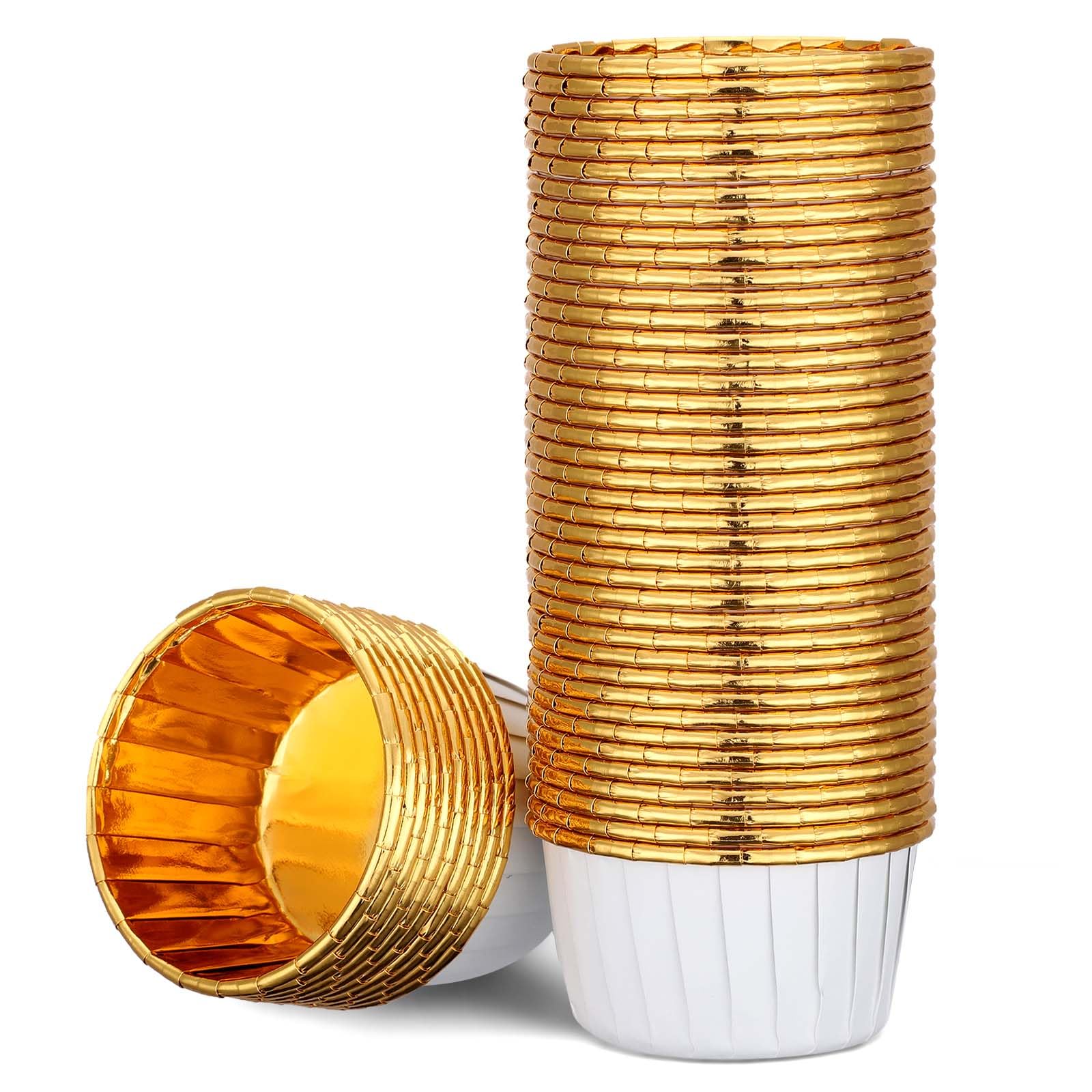 EUSOAR Baking Cups, 50pcs 3.5oz Disposable Ramekins Muffin Cupcake Liners, Dessert Paper Cupcake Liners Aluminum Foil Wrappers Mini Cheesecakes Cups Holders for Birthday Wedding Party-White/Gold