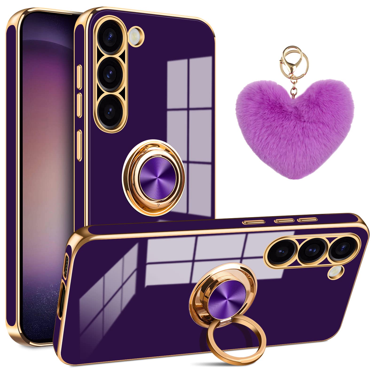 HoneyAKE for Samsung Galaxy S23 5G Case with Kickstand Heart Keychain for Women Girls Plating Rotation Ring Holder Soft Silicone Slim Shockproof Bumper Protective Cover for Galaxy S23, Dark Purple