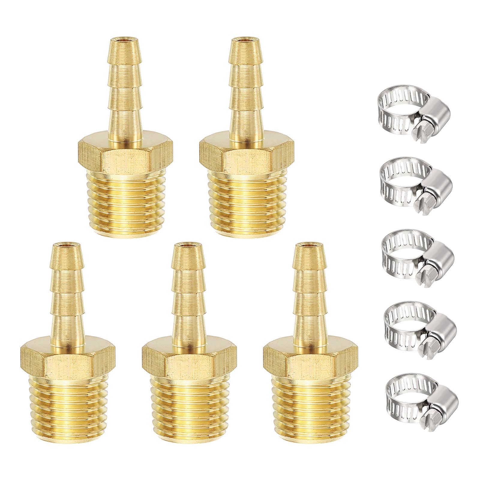 5pcs Brass Hose Barb to NPT Male Adapter 3/16" Barb x 1/4" NPT Male with 5pcs Stainless Steel Hose Clamp for Truck