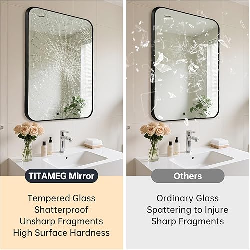 Miniatura 5 de TITAMEG Espejo de baño de 22 x 30 pulgadas, espejo rectangular dorado con esquina redonda, espejo rectangular con marco de metal para baño, sala de