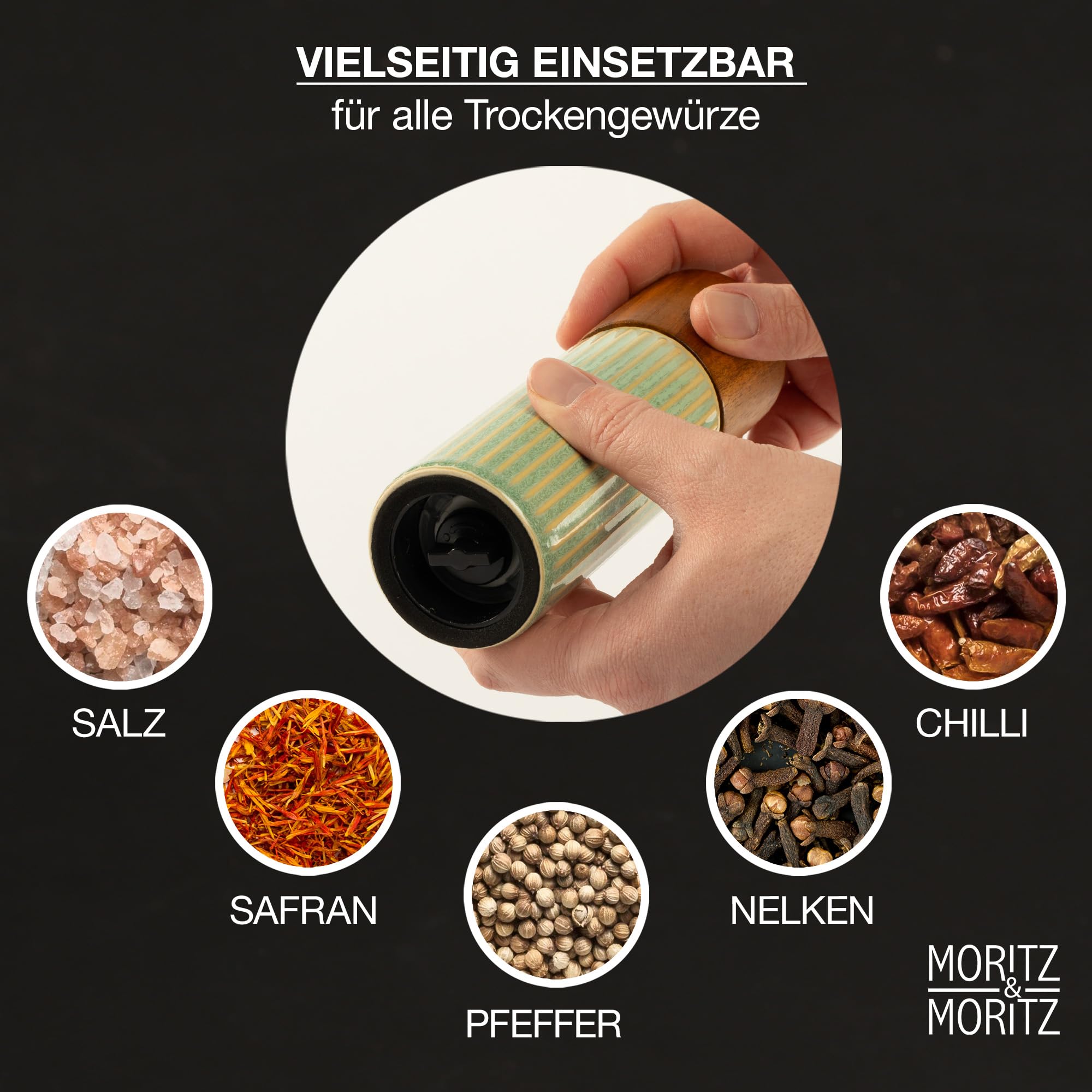 Moritz & Moritz PEPE Gewürzmühle 2er Set blau/grün - Salz und Pfeffermühle aus Steinzeug & Akazienholz mit Keramikmahlwerk, einstellbarem Mahlgrad und innovativem Click-System - Salzmühle & Chilimühle