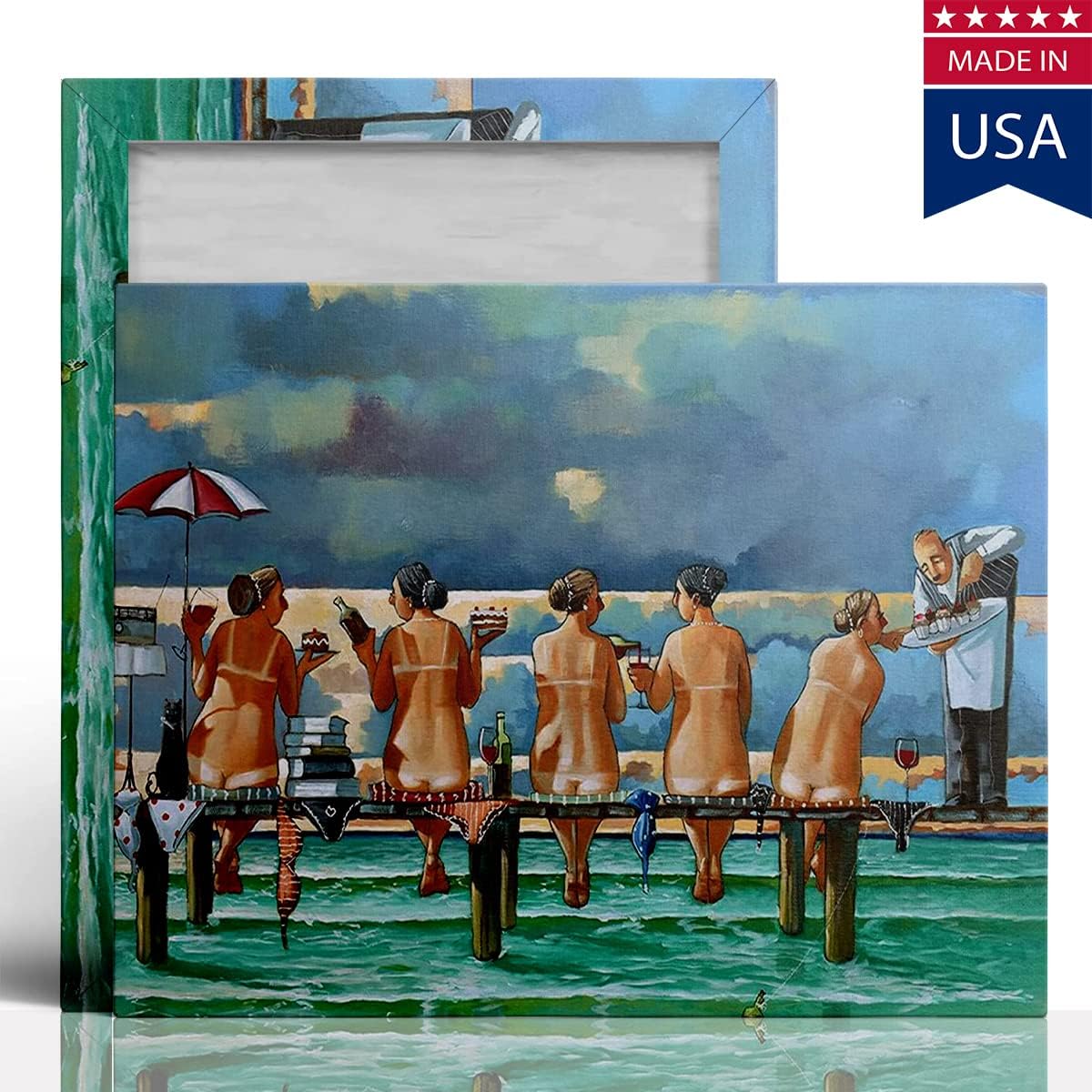 Friends On The Jetty by Ronald West Canvas Wall Art Beach Girls Picture Ocean Seascape Painting Bathroom Beach Decor Blue Sky Beach Beauties Travel Poster Holiday Home Decoration 20"x30"