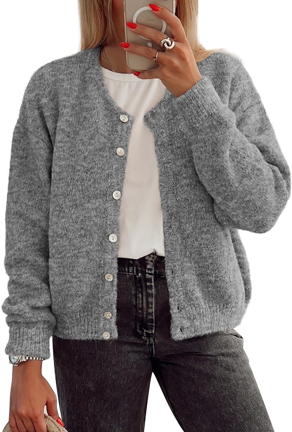 ATHMILE Fall Long Sleeve Cardigans for Women Sweater Fashion Open Front Winter Button Down Crewneck Soft Knit Jacket 2025