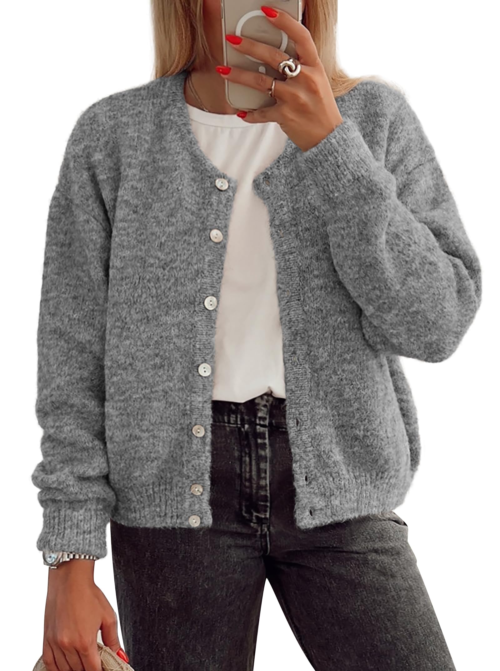ATHMILE Fall Long Sleeve Cardigans for Women Sweater Fashion Open Front Winter Button Down Crewneck Soft Knit Jacket