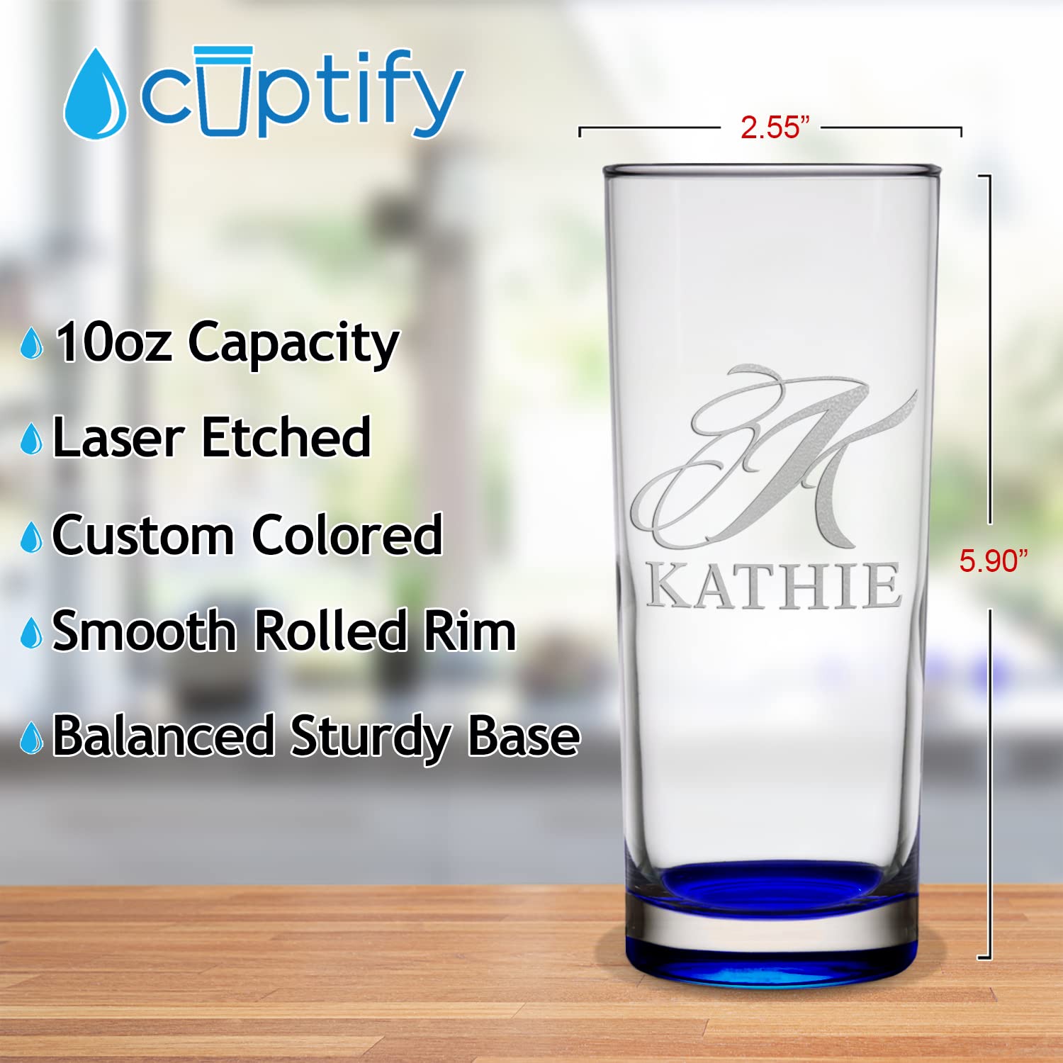 Personalized Highball Glass Script Initial and Name 10 oz Blue Bottom Tall Straight Up Customizable Text Party Favor Decoration Birthday Gift