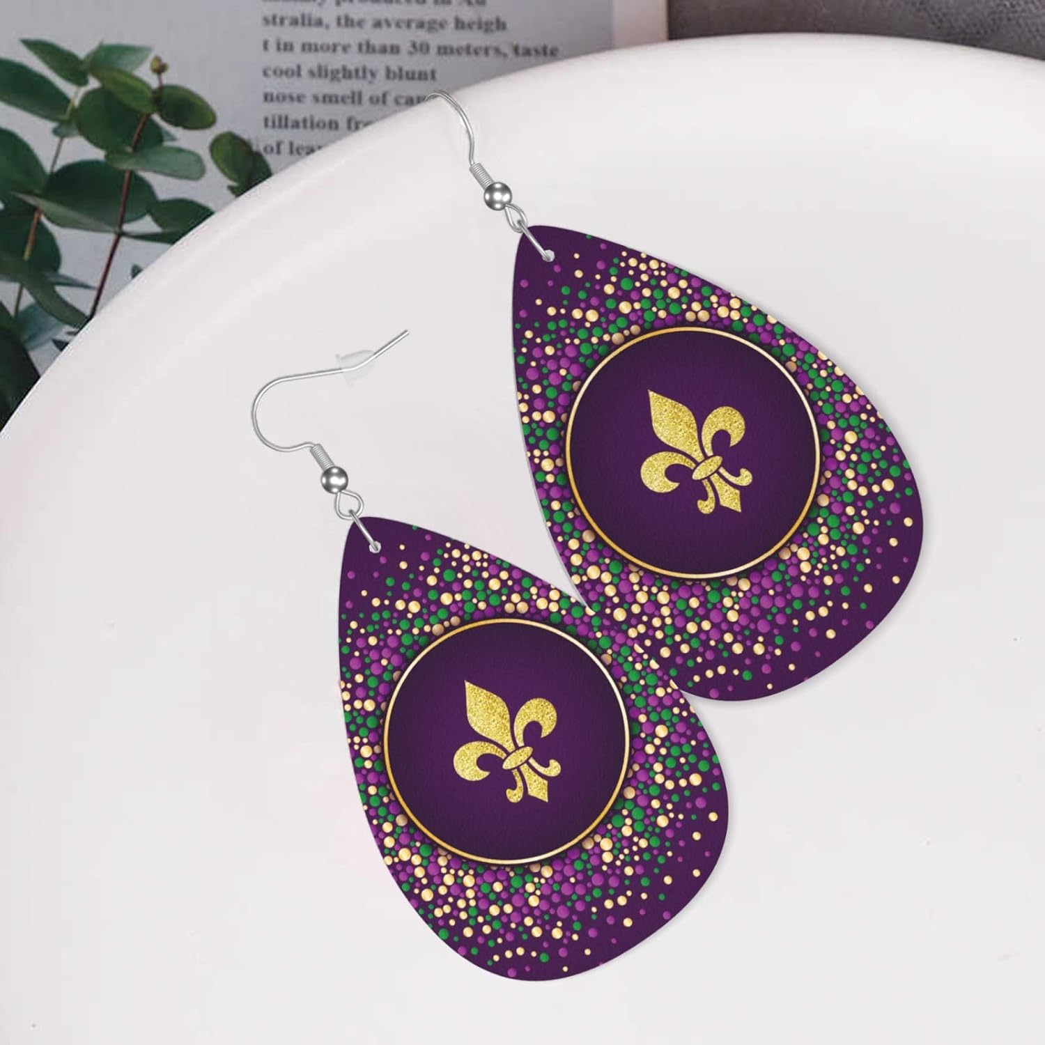 Mardi Gras Teardrop Earrings For Women Faux Leather Earrings Dangle Earring Jewelry - Image 6