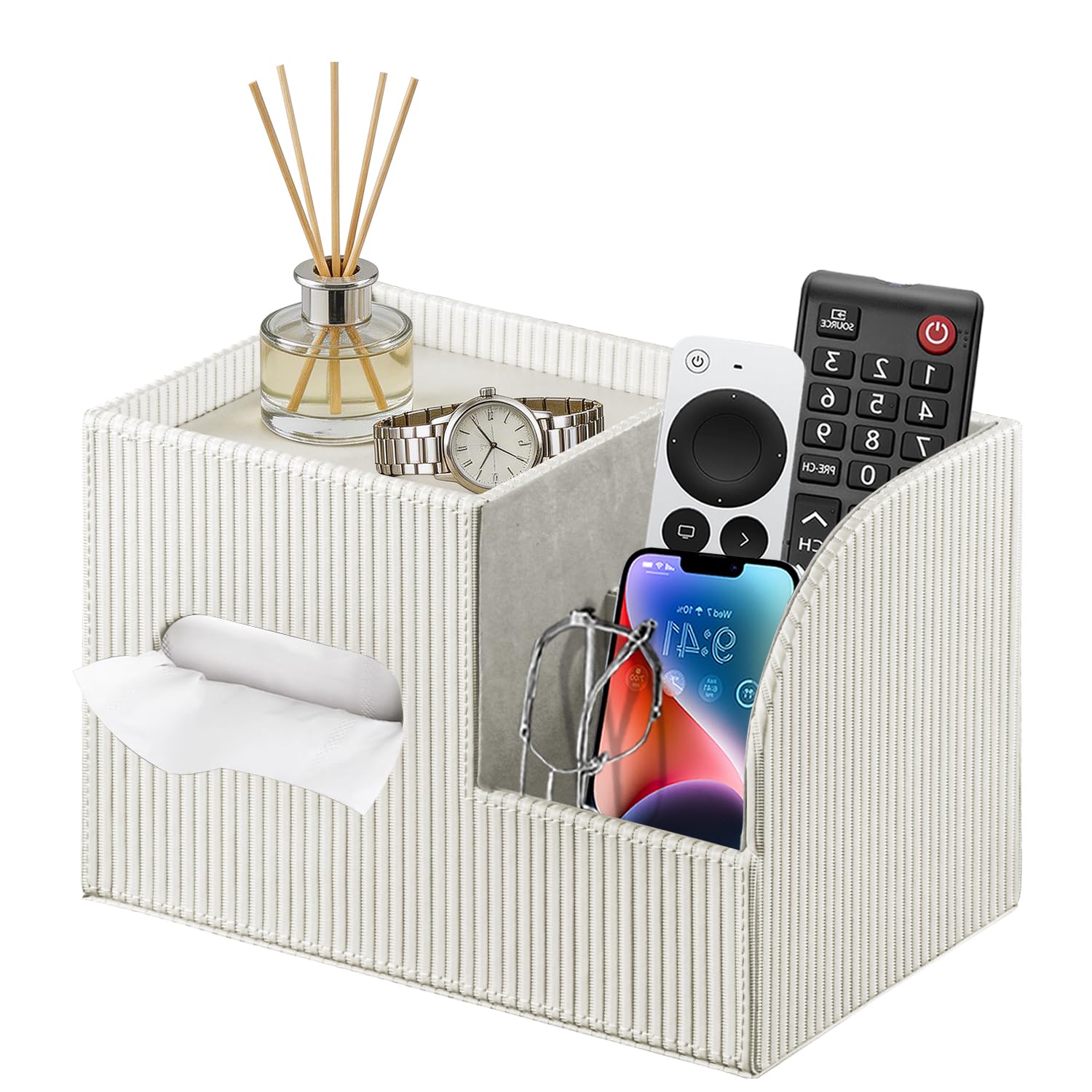 Photo 1 of Fanousy PU Leather Tissue Box Holder with Storage Tray - White