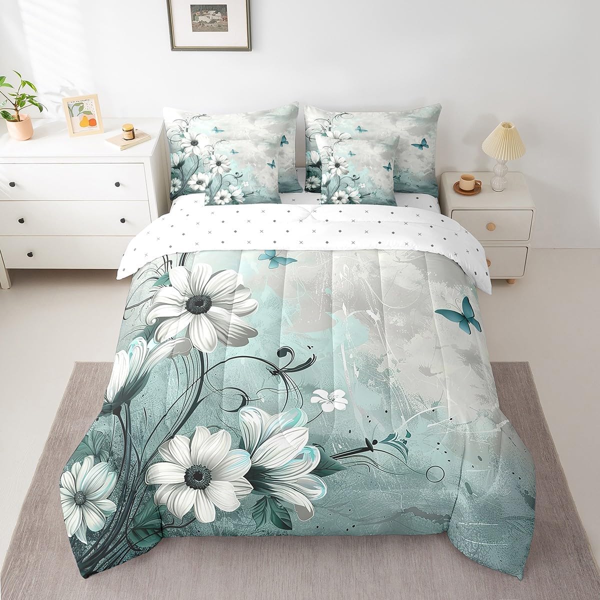 Feelyou Butterfly Comforter Set Queen Size 7 Pieces Vintage Floral Daisy Bedding Set for All Season Flower Botanical Nature Theme Bed in a Bag with Comforter, Sheets, Pillowcases & Cushion Cover