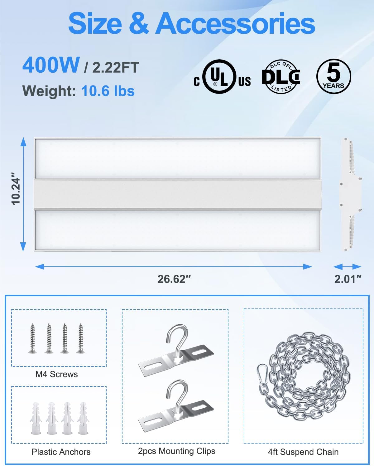3 Pack High Bay LED Lights 400W 320W 240W Adjustable, 2.2FT Linear LED High Bay Warehouse Light 4500K 5000K 5700K, 60000LM Hanging LED Shop Fixture Commercial Bay Lighting, AC100-277V, UL DLC Listed