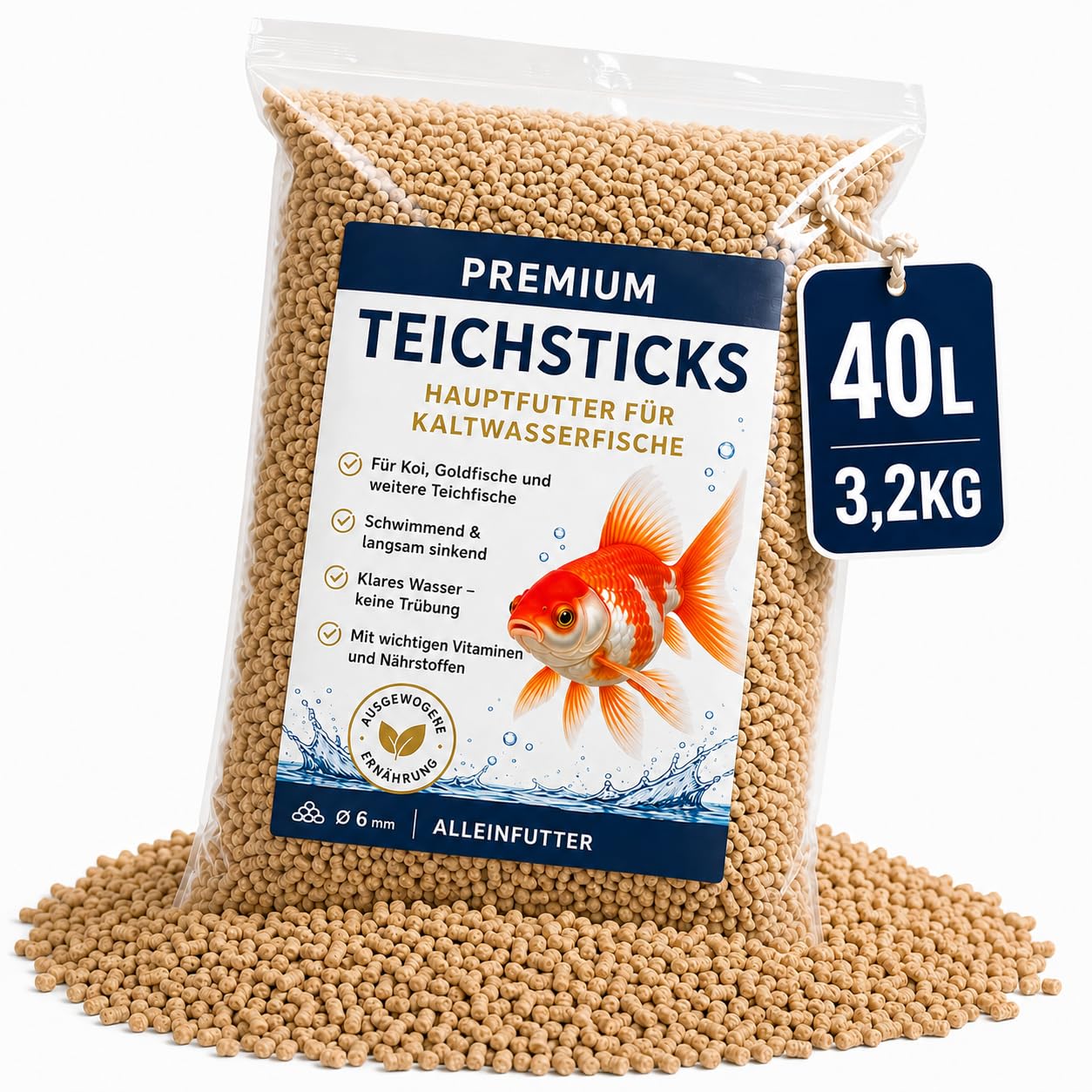 Fischfutter Teich 80L / 6,4kg – Teichfutter Sticks für Koi & Goldfische | Teichfischfutter & Koifutter – Alleinfutter für Kaltwasserfische, Ø 6mm, schwimmend & langsam sinkend, klares Wasser
