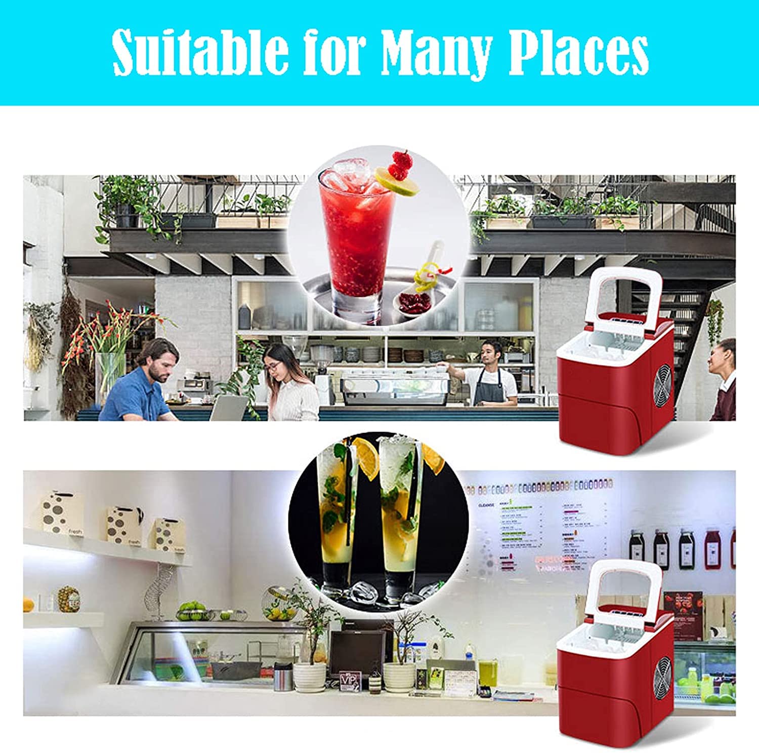 Máquina para hacer hielo portátil compacta, máquina para hacer hielo para refrigerador de encimera, máquina para hacer cubitos de hielo, bajo nivel de ruido para restaurantes, bares, casas y tien