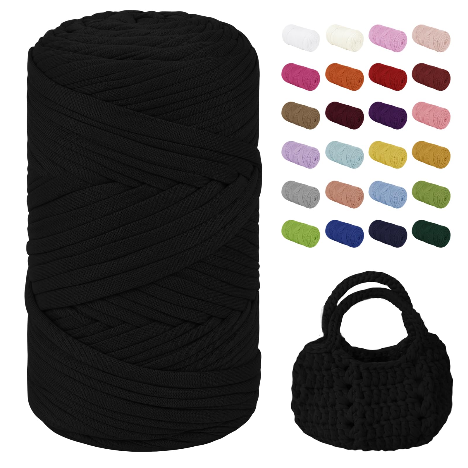 Uiopa T-Shirt Yarn, 400g/150m Chunky Crochet T Shirt Yarn, Polyester Elastic Fabric Ribbon for Crocheting Bags, Baskets, Home Decor, DIY Crafts (Black)