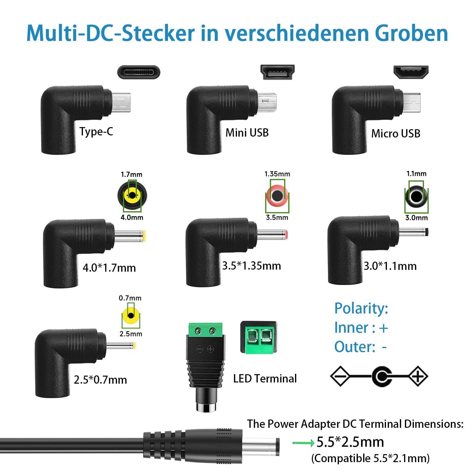 5V Netzteil, AC 100-240V auf DC 5V 3A 2A 1A Adapter, 15W Steckernetzteil. | mit 8 wechselbaren DC Steckern, für TV-Box, Lautsprecher, LED, Babyphone und weitere 5V Geräte Schaltnetz.