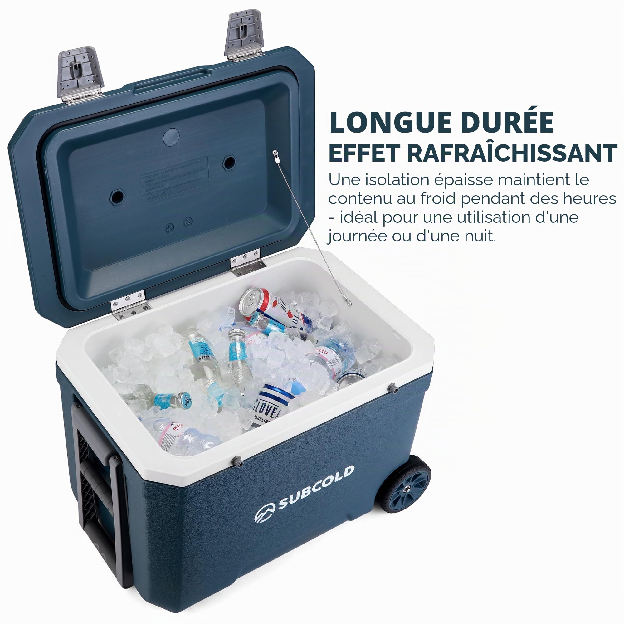 Subcold MOBI Glacière à roulettes, bleu, 45 L, isolation en mousse PU | Glacière isotherme à roulettes avec poignées et drainage, glacière pour voyage, voiture, camping et plein air