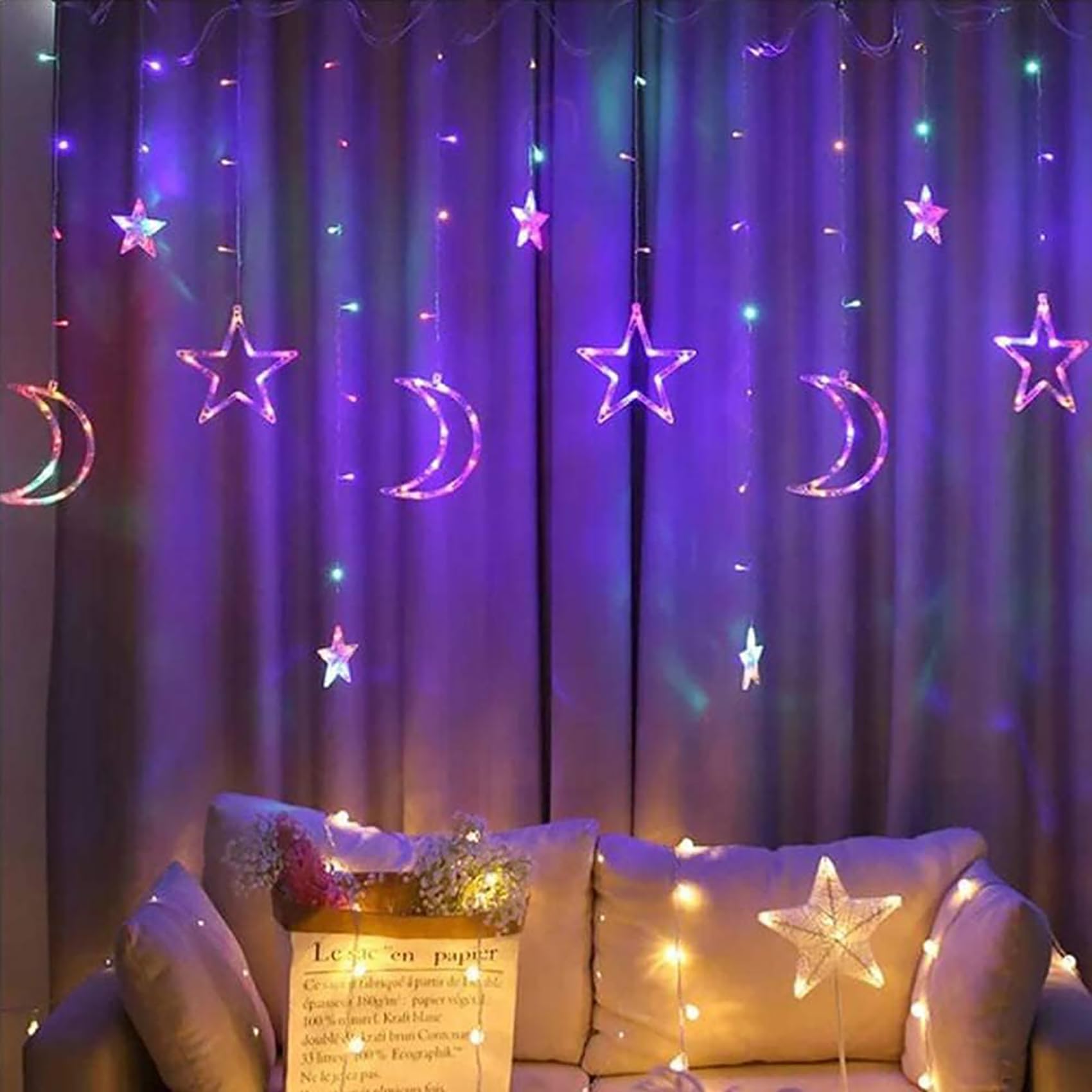 Tenda Luci LED Solare 138 LED Impermeabile Stella Luna Tenda Luminosa con Telecomando, 8 Modalità Illuminazione per Natale, Feste, Compleanno, Matrimoni, Finestra (Multicolore)