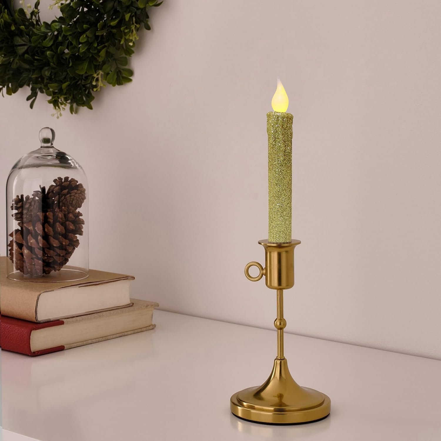 CVHOMEDECO. Glitter Flameless Candles Flickering Battery Operated LED Taper Candles with Timer for Home, Wedding, Halloween, Christmas Decor. Gold, 6-3/4 Inch, Set of 2 image 3