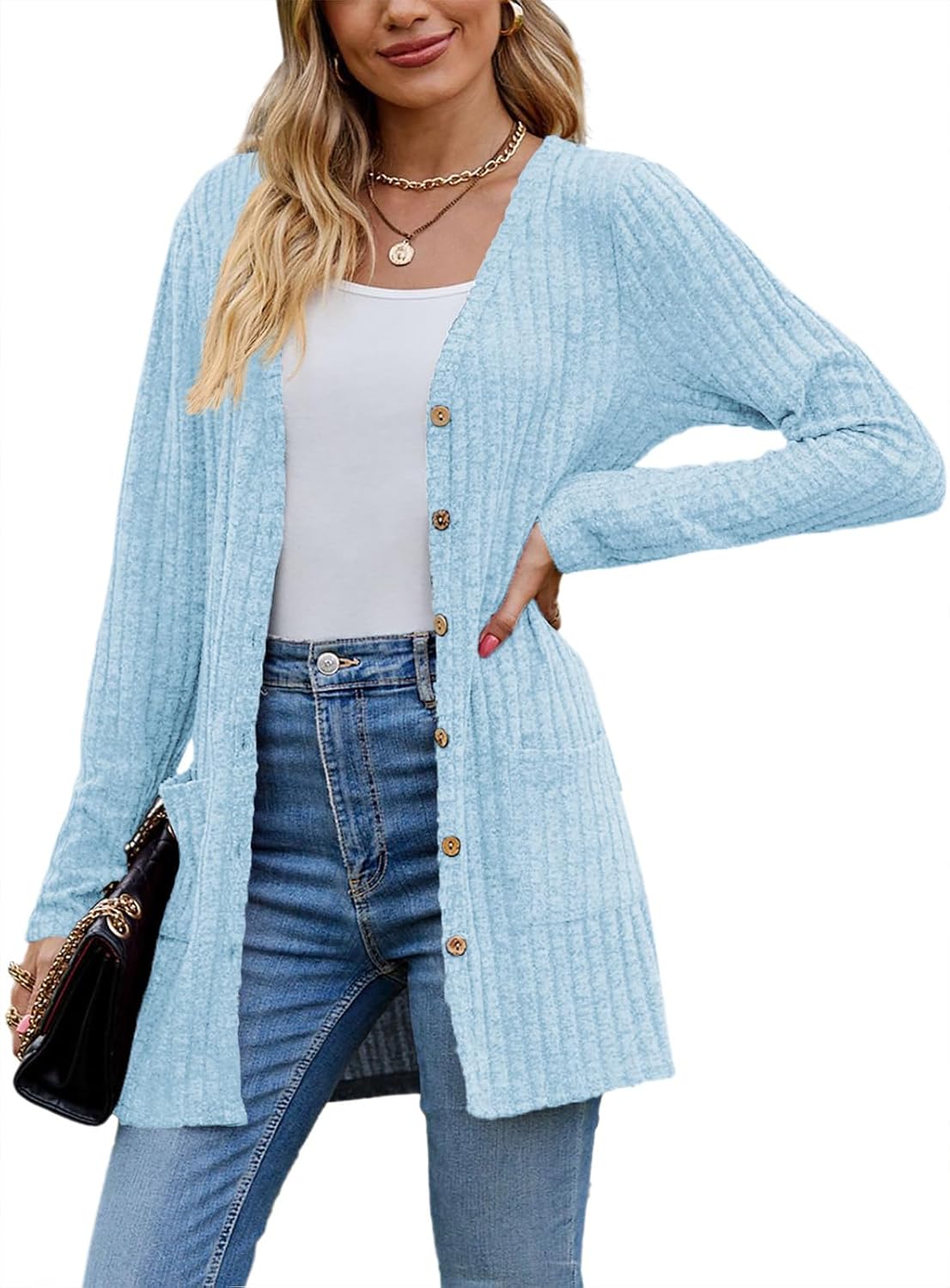 Womens Cardigan Sweater Long Sleeve Lightweight Open Front Button Closure Fall Cardigans for Women Casual with Pockets - image 2